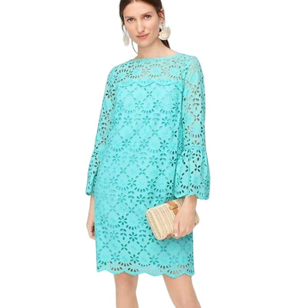 J.Crew Women's Bell-Sleeve Dress In Embroidered Eyelet Scalloped Shift Size 0